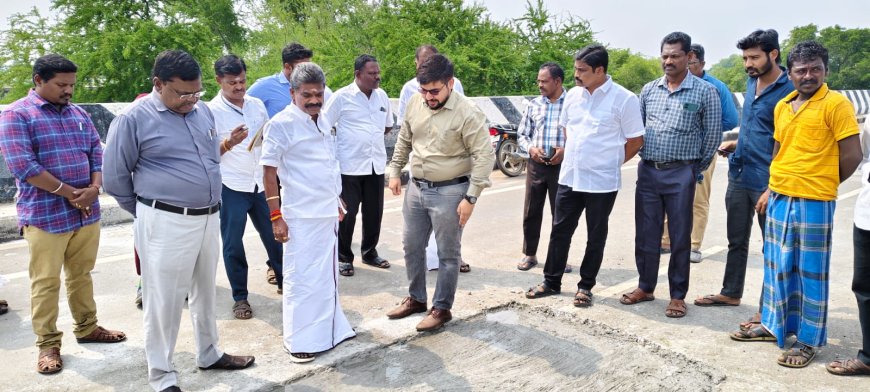 தூத்துக்குடி - திருநெல்வேலி தேசிய நெடுஞ்சாலையில் உள்ள வல்லநாடு பாலத்தில் சீரமைப்பு பணி - சண்முகையா எம்எல்ஏ நேரில் பார்வையிட்டு ஆய்வு செய்தார்.